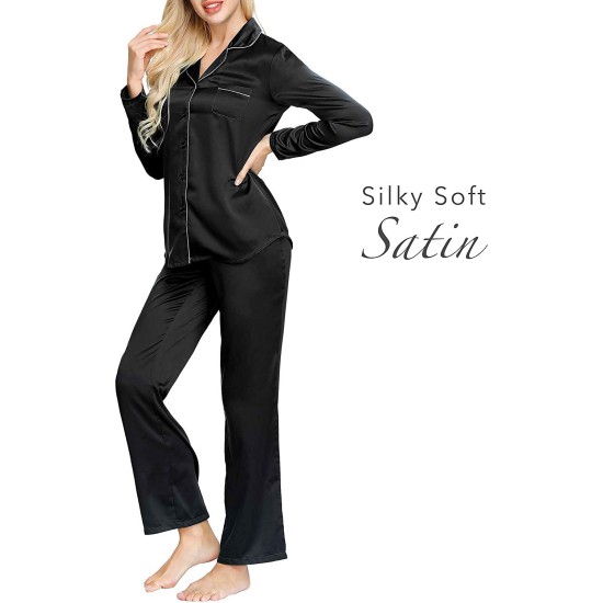  Women's Rayon Short Sleeve Button Top & Trouser Pajama Set (Black), Black, Large