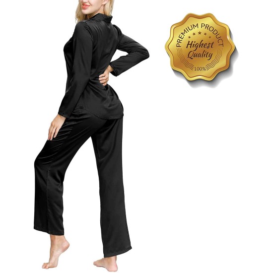  Women's Rayon Short Sleeve Button Top & Trouser Pajama Set (Black), Black, Medium