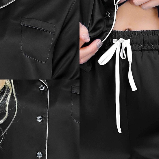  Women's Rayon Short Sleeve Button Top & Trouser Pajama Set (Black), Black, Small