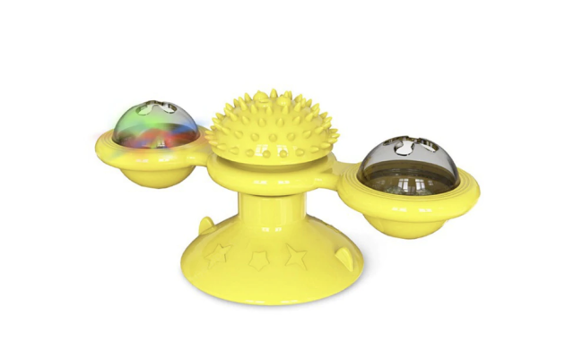 Interactive Indoor Rotating Windmill Toy, Brush, Scratcher For Cats With LED and Catnip Balls, Yellow