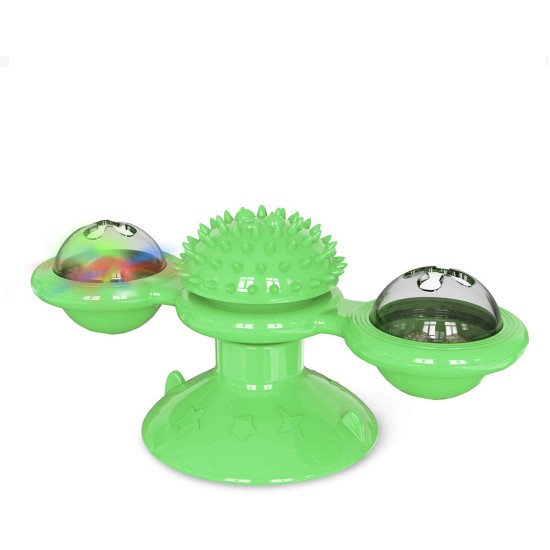 Interactive Indoor Rotating Windmill Toy, Brush, Scratcher For Cats With LED and Catnip Balls, Green