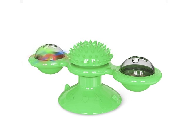 Interactive Indoor Rotating Windmill Toy, Brush, Scratcher For Cats With LED and Catnip Balls, Green