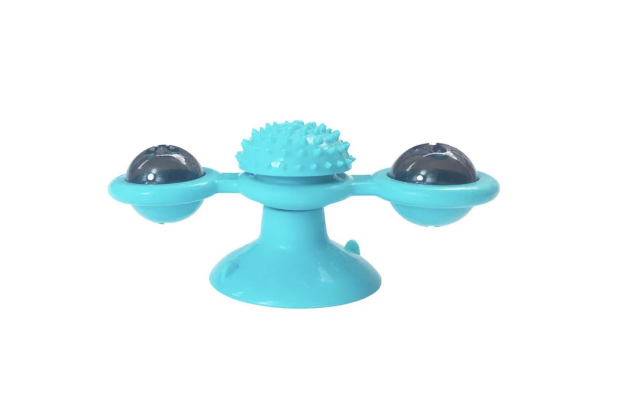 Interactive Indoor Rotating Windmill Toy, Brush, Scratcher For Cats With LED and Catnip Balls, Blue