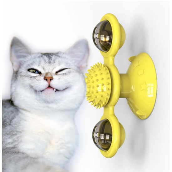 Interactive Indoor Rotating Windmill Toy, Brush, Scratcher For Cats With LED and Catnip Balls, Yellow