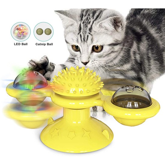 Interactive Indoor Rotating Windmill Toy, Brush, Scratcher For Cats With LED and Catnip Balls, Yellow