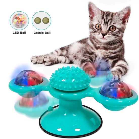 Interactive Indoor Rotating Windmill Toy, Brush, Scratcher For Cats With LED and Catnip Balls, Blue
