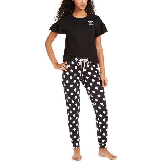  Printed Pajama Jogger Pants (Black, Small)