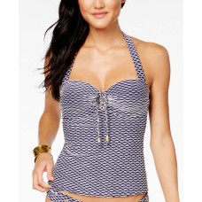 Jessica Simpson Twiggy Striped Underwire Halter Tankini Top (White, M)