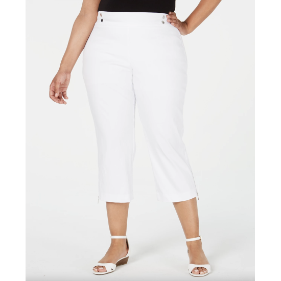  Plus Size Pull-On Zipper-Hem Capri Pants (3X/White)