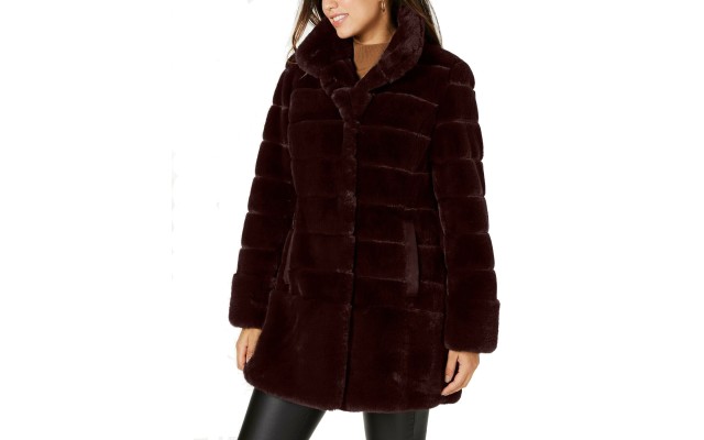  Stand-Collar Faux-Fur Coat, Dark Red, X-Large