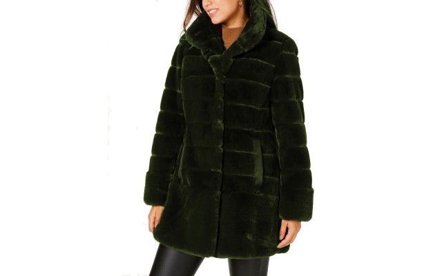  Stand-Collar Faux-Fur Coat, Green, X-Large