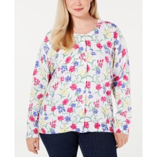 Karen Scott Floral Long Sleeve Crew Neck Cardigan White