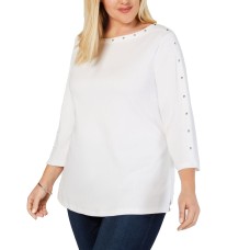 Karen Scott Plus Size Cotton Studded Top 1X – White