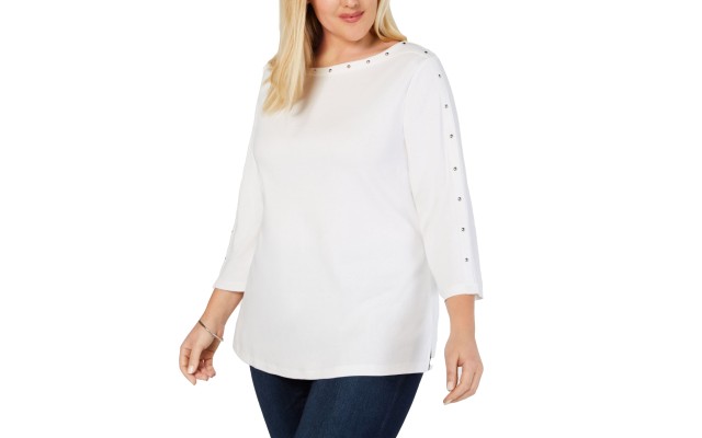  Plus Size Cotton Studded Top 1X – White