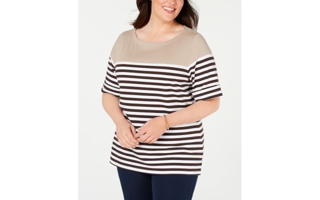  Plus Size Lisa Striped Cuffed-Sleeve Top