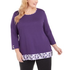 Karen Scott Plus Size Plaid-Trim Top Blouse (Purple , Size:1X)