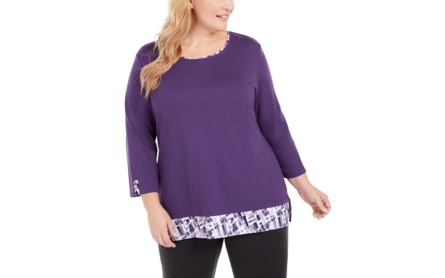  Plus Size Plaid-Trim Top Blouse (Purple , Size:1X)