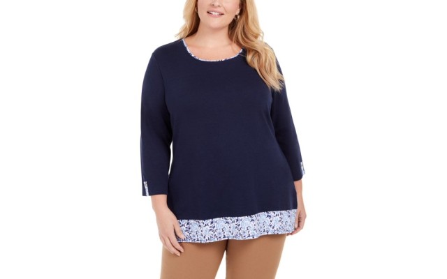 Plus Size Printed-Hem 3/4-Sleeve Top