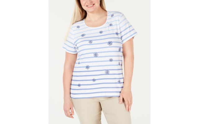  Plus Size Printed Scoop-Neck T-Shirt, White, 3X
