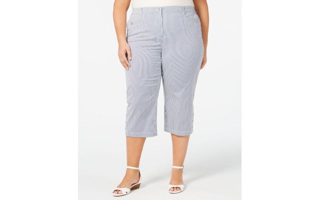  Plus Size Striped Button-Hem Capri Pants – Blue