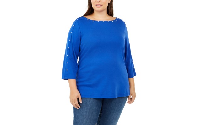  Plus Size Studded Boat-Neck Top