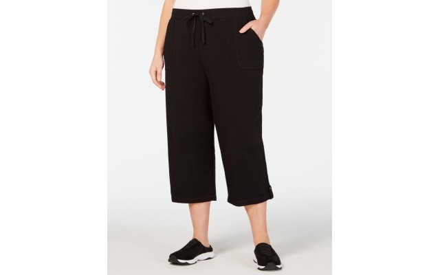  Plus Size Terry Drawstring Capri Pants (Black , 2X)