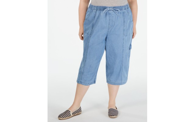  Woman Edna Capri Blue Denim High Rise Elastic Waistband Plus Size, Blue, 1X