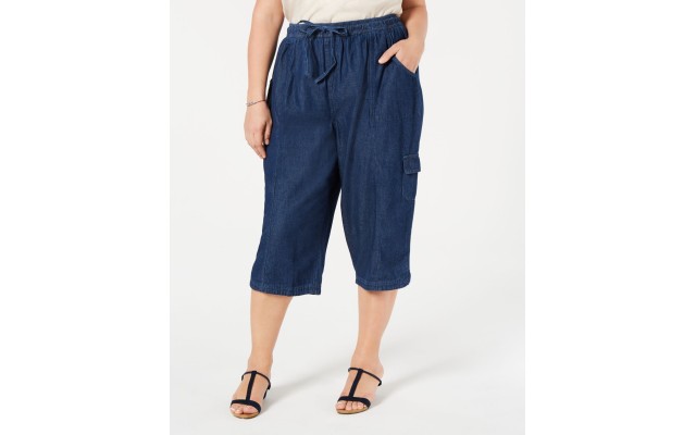  Woman Edna Capri Blue Denim High Rise Elastic Waistband Plus Size, Navy, 0X