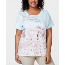 Karen Scott Women’s Bicycle Print Embellished T-shirt (Aqua , Size:0X)