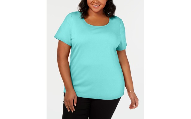  Womens Blue Cotton Scoop Neck Pullover Top Shirt, Aqua, 1X