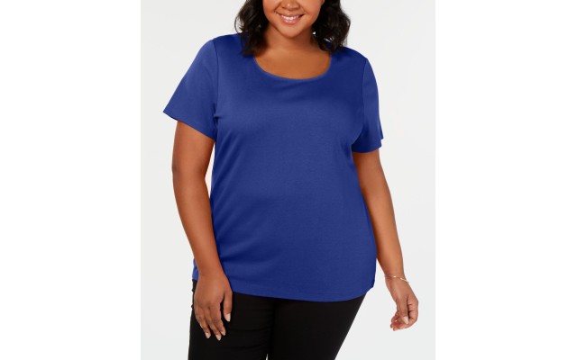  Womens Blue Cotton Scoop Neck Pullover Top Shirt, Dark Blue, 1X