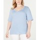  Womens  Button Detail Pullover V-Neck Blouse (Blue, 0X)