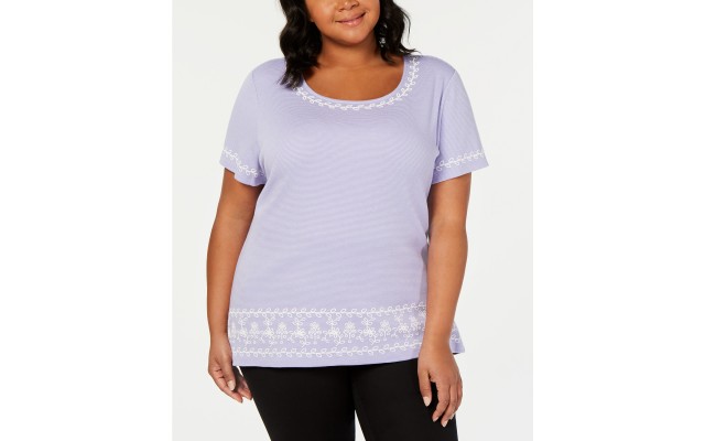   Womens Embroidered Striped Blouse Top Shirt Purple, Purple, 0X