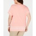  Women’s Embroidered Striped Short Sleeve  Blouse, Orange, 2X
