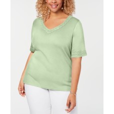 Karen Scott Womens Light Green Eyelet Trim V-neck  T-shirt