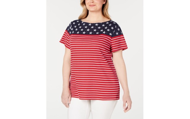  Womens Plus Americana Stars and Stripes Jeweled T-Shirt, Bright Red, 2X