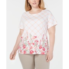 Karen Scott Womens Plus Check Print Floral Casual Top T-Shirt