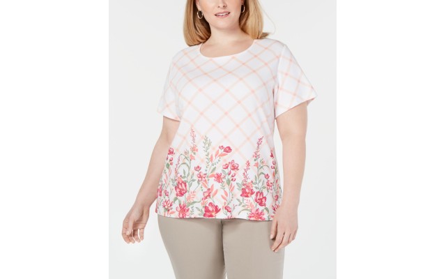  Womens Plus Check Print Floral Casual Top T-Shirt, Pink, 1X