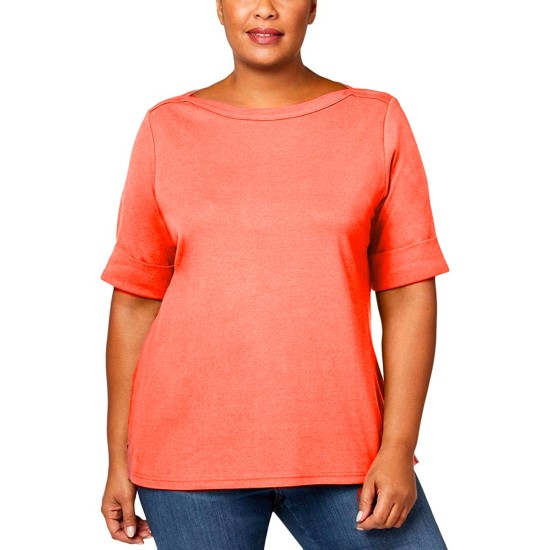  Womens Plus Cotton Boatneck T-Shirt, Coral Lining, 3X