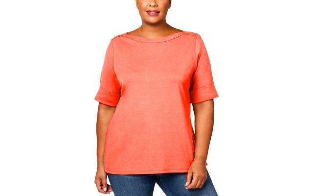  Womens Plus Cotton Boatneck T-Shirt, Coral Lining, 3X