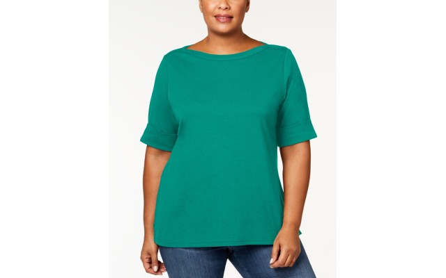  Womens Plus Cotton Boatneck T-Shirt, Green, 3X