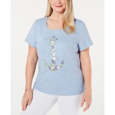 Karen Scott Womens Plus Cotton Embellished T-shirt	(Blue, 2X)