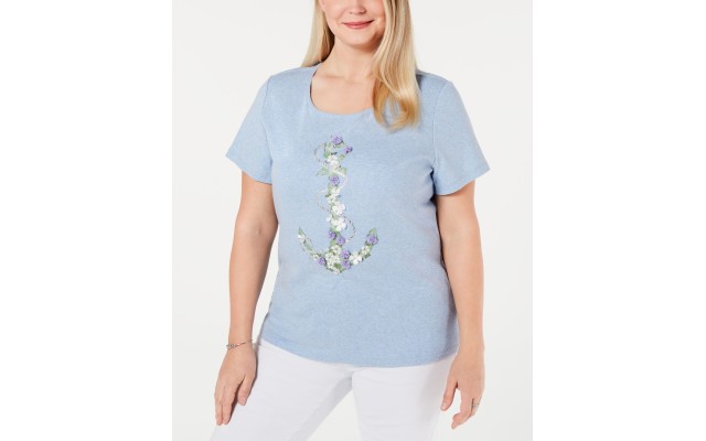  Womens Plus Cotton Embellished T-shirt	(Blue, 2X)