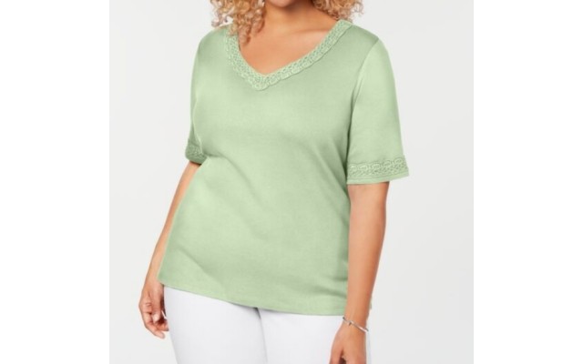  Womens Plus Cotton V-Neck T-Shirt, Green, 2X