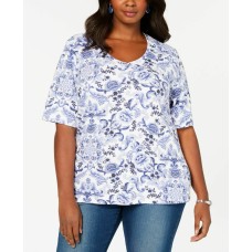 Karen Scott Womens Plus Dancing Butterflies Heathered Floral T-Shirt