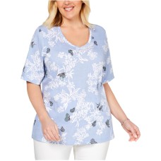 Karen Scott Womens Plus Dancing Butterflies Heathered Floral T-Shirt