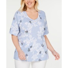 Karen Scott Womens Plus Dancing Butterflies Heathered Floral T-Shirt Light Blue Heather