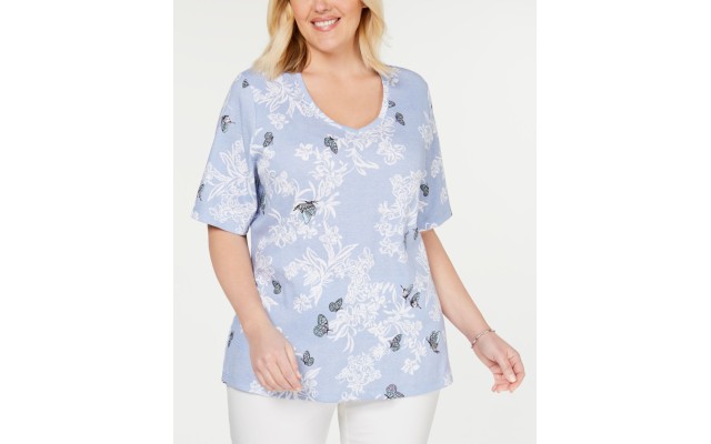  Womens Plus Dancing Butterflies Heathered Floral T-Shirt Light Blue Heather, Blue, 2X