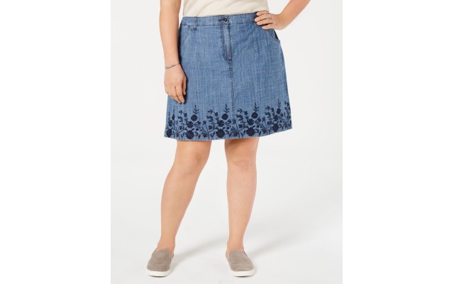  Womens Plus Denim Embroidered Skirt Navy, Navy, 16W