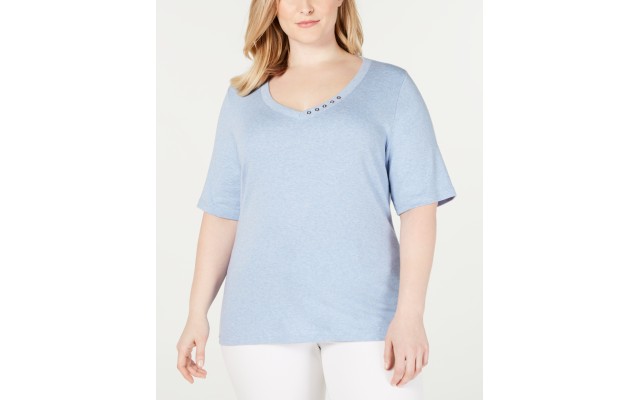  Womens Plus Elbow Sleeve V Neck T-Shirt, Blue, 2X